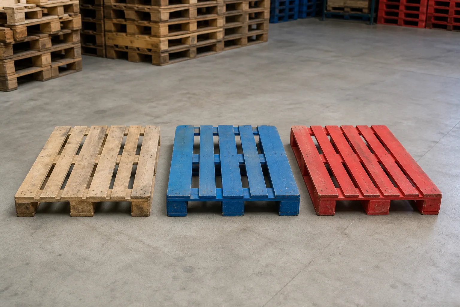 Holzeuropalette neben farbigen Mietpaletten