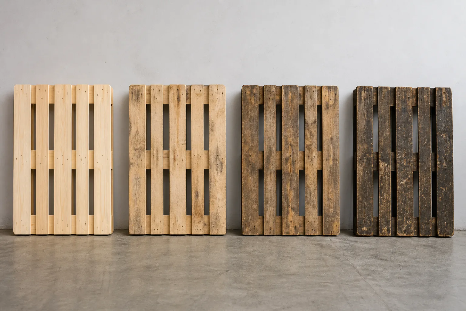 Euro pallets of different quality classes side by side