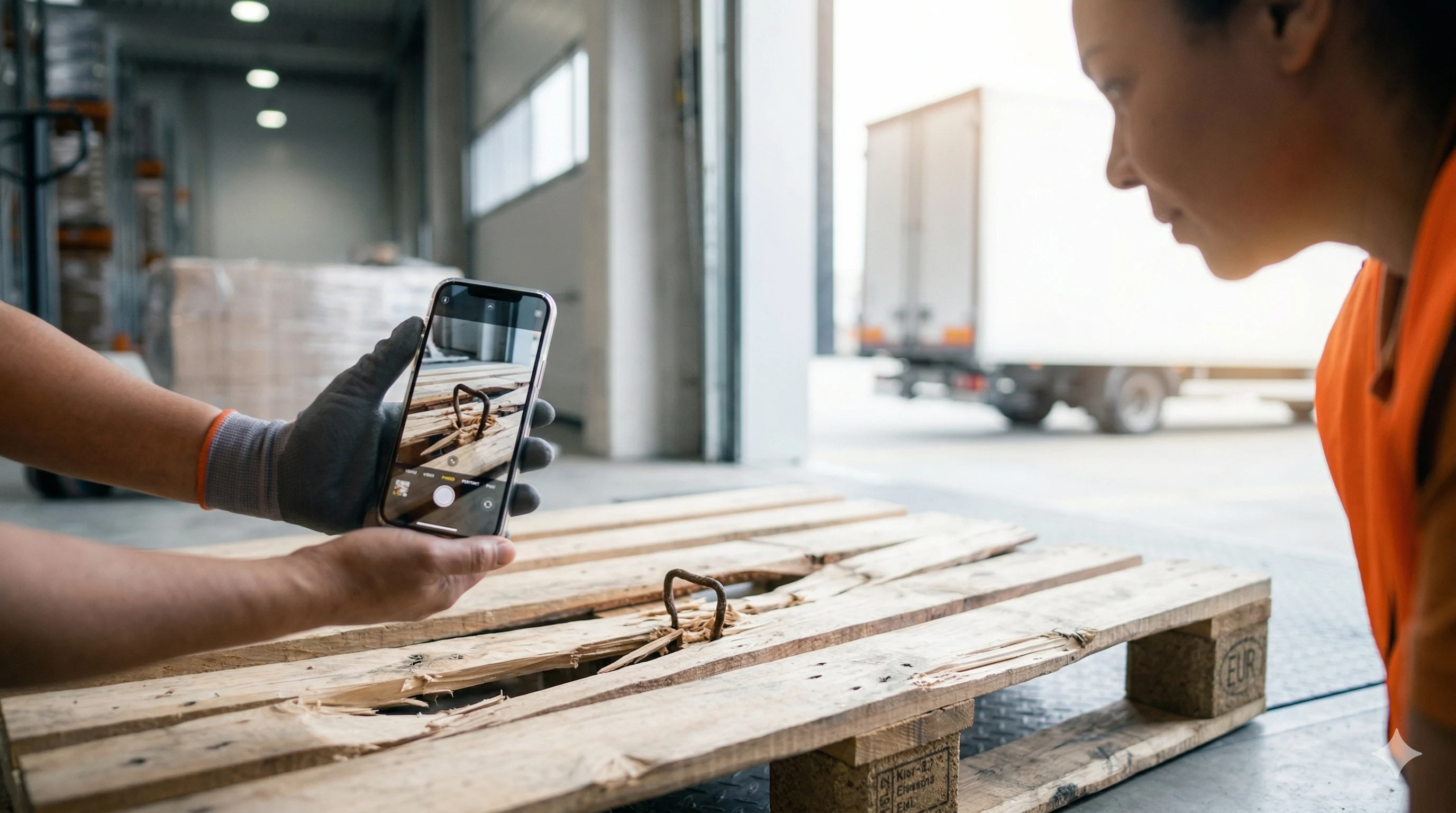 Çalışan hasarlı paleti fotoğraflıyor